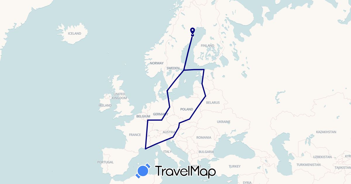 TravelMap itinerary: driving in Austria, Czech Republic, Germany, Denmark, Estonia, France, Italy, Lithuania, Luxembourg, Latvia, Poland, Sweden, Slovenia (Europe)